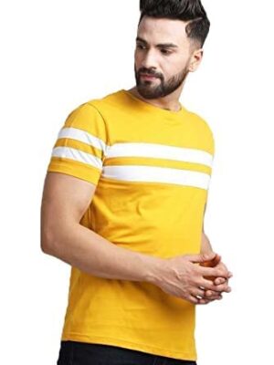 Mustard Men's Cotton Half Sleeve Regular Fit Striped T-Shirt