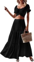 Black Women's Summer Ruffle Hem Long Skirt Women Plain and Pleated Skirt