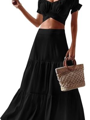 Black Women's Summer Ruffle Hem Long Skirt Women Plain and Pleated Skirt