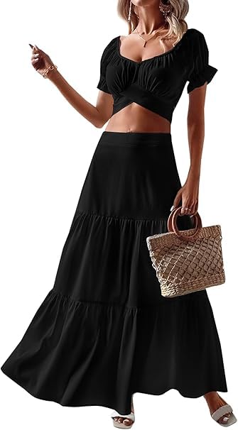 Black Women's Summer Ruffle Hem Long Skirt Women Plain and Pleated Skirt