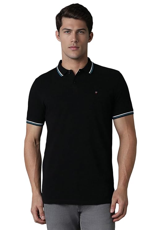 Black Slim Fit Solid 100% Cotton, Pique Polo Tshirt