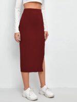 MAROON Elastic Waist Pencil Bodycon Midi Skirt - High Waisted with Side Slit Below Women's