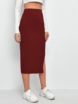 MAROON Elastic Waist Pencil Bodycon Midi Skirt - High Waisted with Side Slit Below Women's
