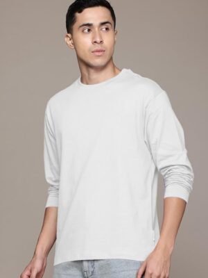 White Cotton Round Neck Regular Fit Solid Full Sleeve T-Shirt for Men / Boys