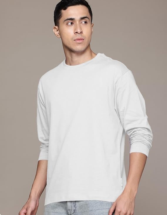White Cotton Round Neck Regular Fit Solid Full Sleeve T-Shirt for Men / Boys
