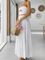 Women's Summer Ruffle Hem Long Skirt Women Plain and Pleated Skirt White