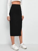 Elastic Waist Pencil Bodycon Midi Skirt - High Waisted with Side Slit Below Women's BLACK