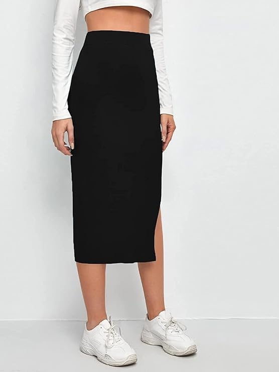 Elastic Waist Pencil Bodycon Midi Skirt - High Waisted with Side Slit Below Women's BLACK