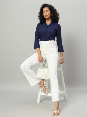 Navy Blue Women Regular Fit Solid V Collered Casual Shirt