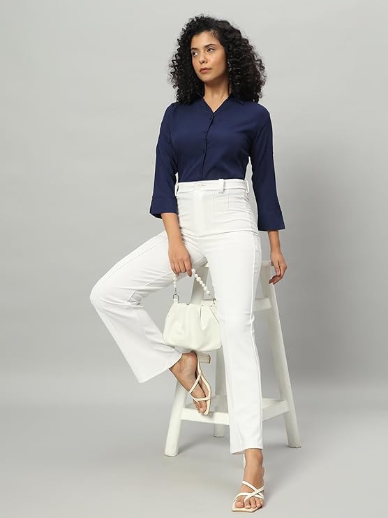 Navy Blue Women Regular Fit Solid V Collered Casual Shirt