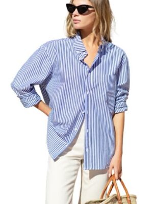 Striped  Oversized Cotton Shirt for Women,Long Sleeve Shirt blue