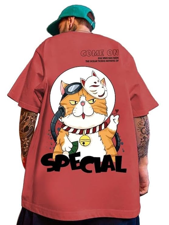 Oversized Cotton Front and Back Printed Round Neck T Shirts for Men Rust