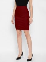 Maroon Formal Stretchable Pencil Skirt - Cotton Blend Knee Length Midi With Elasticated Waist Belt Women's