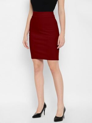 Maroon Formal Stretchable Pencil Skirt - Cotton Blend Knee Length Midi With Elasticated Waist Belt Women's