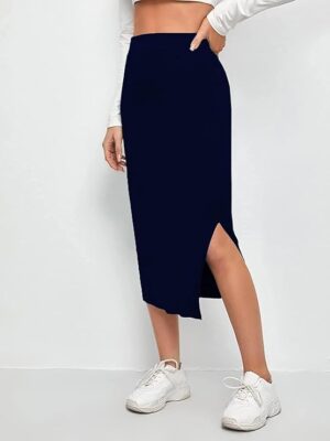 NAVY Elastic Waist Pencil Bodycon Midi Skirt - High Waisted with Side Slit Below Women's