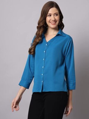 Blue Women Regular Fit Solid V Collered Casual Shirt