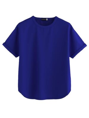 Blue 100% Cotton Oversized Loose Fit Drop Shoulder Round Neck Boyfriend Fit Solid Half Sleeves T-Shirt