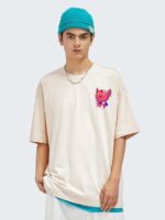 PastelBeige Oversized Cotton Front and Back Printed Round Neck T Shirts for Men