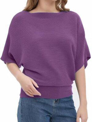 Autumn Purple Women Fashion Ribbed Batwing Sleeves Bagy Balloon Style Fit Top