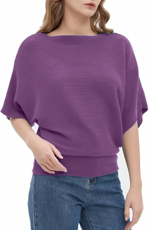 Autumn Purple Women Fashion Ribbed Batwing Sleeves Bagy Balloon Style Fit Top