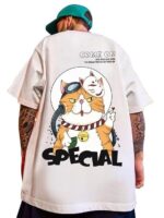 Oversized Cotton Front and Back Printed Round Neck T Shirts for Men Beige