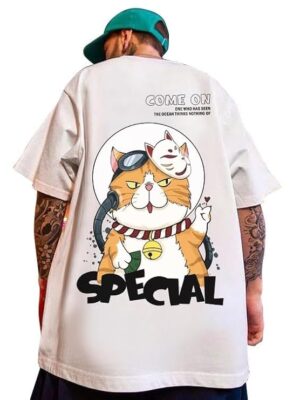 Oversized Cotton Front and Back Printed Round Neck T Shirts for Men Beige
