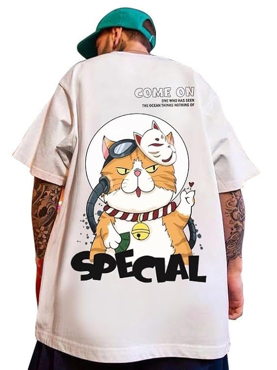 Oversized Cotton Front and Back Printed Round Neck T Shirts for Men Beige