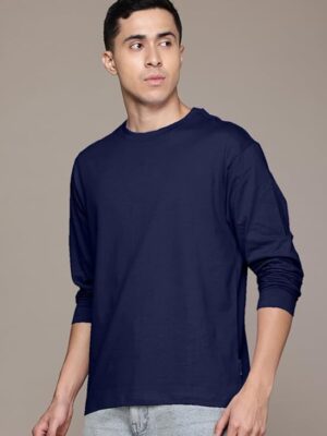 Navy Cotton Round Neck Regular Fit Solid Full Sleeve T-Shirt for Men / Boys
