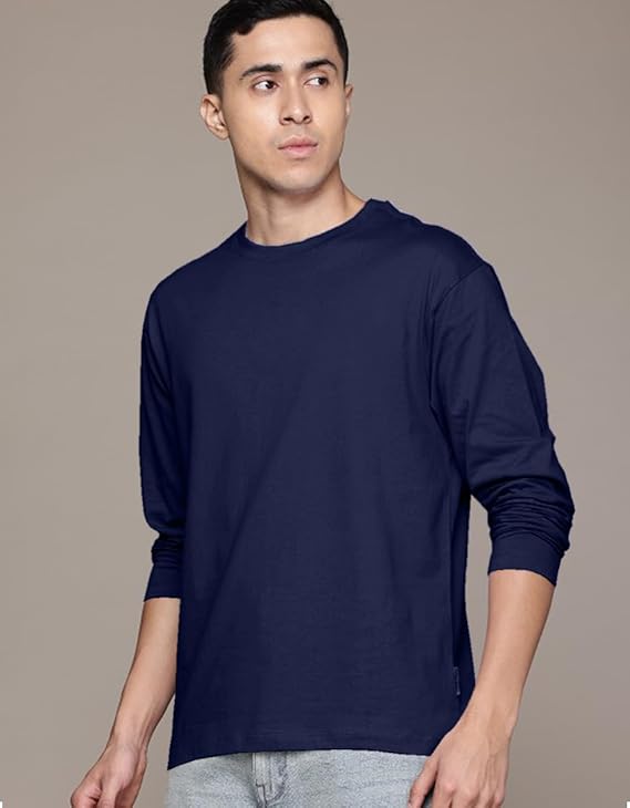 Navy Cotton Round Neck Regular Fit Solid Full Sleeve T-Shirt for Men / Boys