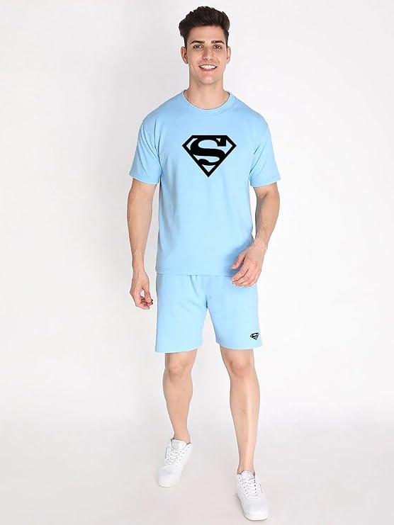 SkyBlue  Cotton Printed Top & Shorts Night Suits Set Men's