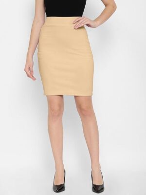 Formal Stretchable Pencil Skirt - Cotton Blend Knee Length Midi With Elasticated Waist Belt Women's Beige