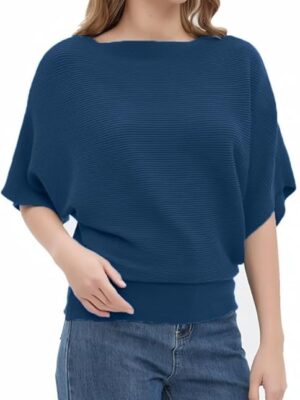 Indigo Blue Women Fashion Ribbed Batwing Sleeves Bagy Balloon Style Fit Top