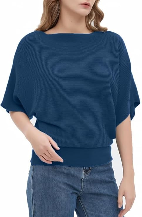 Indigo Blue Women Fashion Ribbed Batwing Sleeves Bagy Balloon Style Fit Top