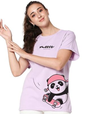 Purple Women's Printed 100% Cotton T-Shirt - Boyfriend Fit, Round Neck