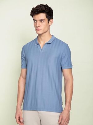 Blue Statement Textured Polo T-Shirts | Premium Cotton, Herringbone Texture