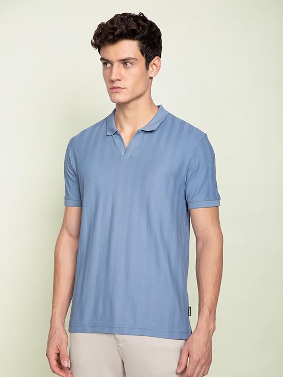 Blue Statement Textured Polo T-Shirts | Premium Cotton, Herringbone Texture
