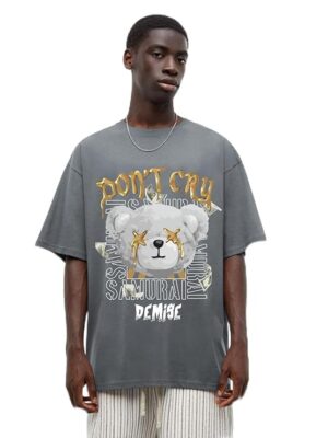 Grey Oversized Cotton Front and Back Printed Round Neck T Shirts for Men