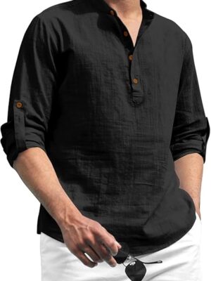 Black Cotton Blend Solid Casual Regular Fit Mandarin/Chinese Collor Short Kurta for Men