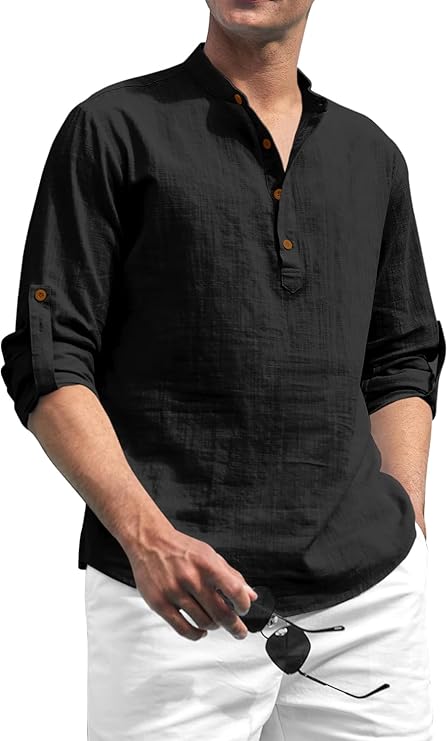 Black Cotton Blend Solid Casual Regular Fit Mandarin/Chinese Collor Short Kurta for Men