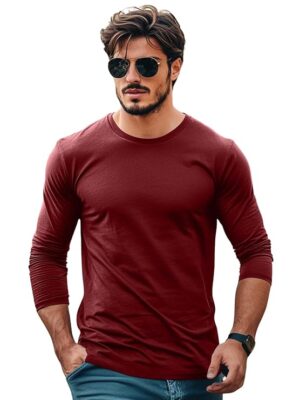 Marron Cotton Round Neck Regular Fit Solid Full Sleeve T-Shirt for Men / Boys