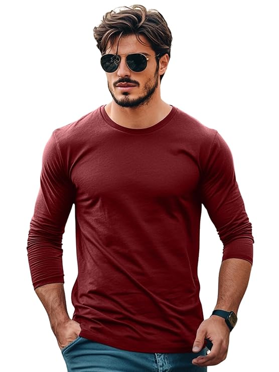 Marron Cotton Round Neck Regular Fit Solid Full Sleeve T-Shirt for Men / Boys