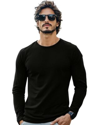 Cotton Round Neck Regular Fit Solid Full Sleeve T-Shirt for Men / Boys Black
