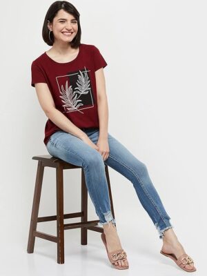 Women Printed Round Neck Regular Fit T-Shirt Maroon