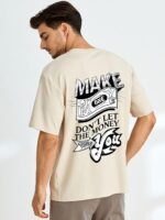 Beige Oversized Cotton Front and Back Printed Round Neck T Shirts for Men