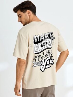 Beige Oversized Cotton Front and Back Printed Round Neck T Shirts for Men