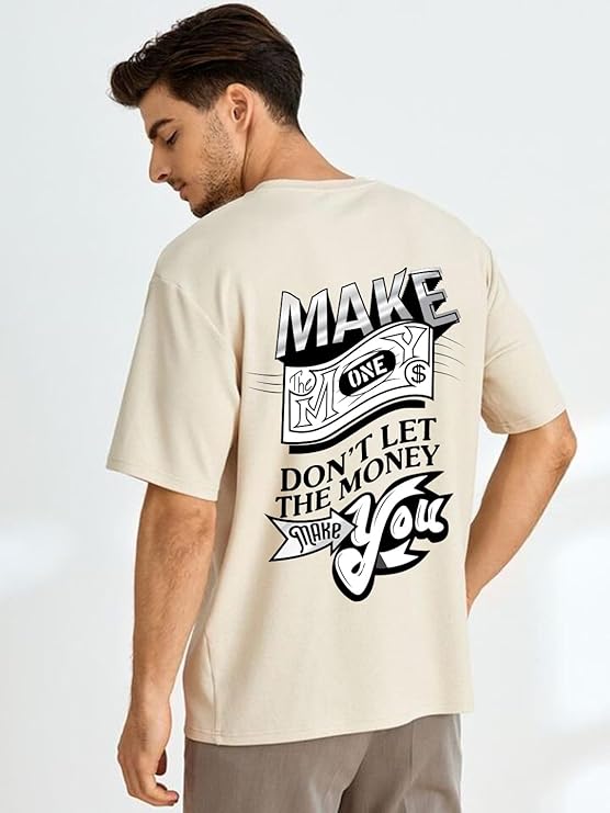 Beige Oversized Cotton Front and Back Printed Round Neck T Shirts for Men
