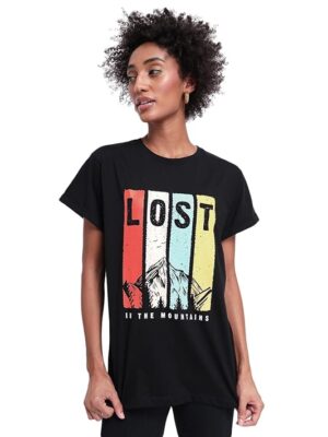 Black Women's Printed 100% Cotton T-Shirt - Boyfriend Fit, Round Neck