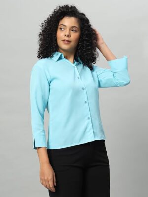 Sky Blue Women Regular Fit Solid V Collered Casual Shirt