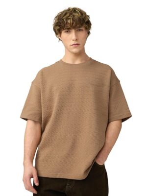 Brown Textured T-Shirt Men and Boys Short Sleeves Round Neck Solid Cotton Blend Oversized T-Shirts