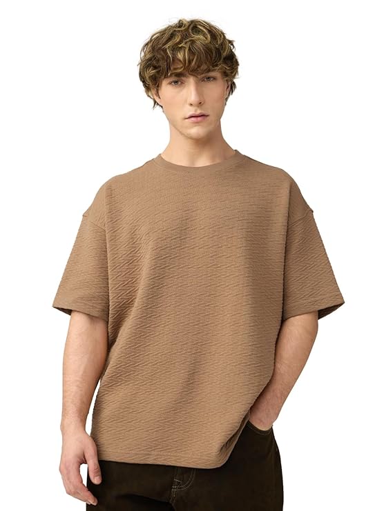 Brown Textured T-Shirt Men and Boys Short Sleeves Round Neck Solid Cotton Blend Oversized T-Shirts